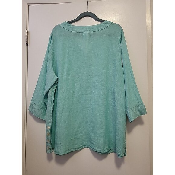 Sigrid Olsen 100% Linen Blouse 3/4 Sleeves V-Neck Turquoise 2X Beach Coastal - Picture 6 of 8